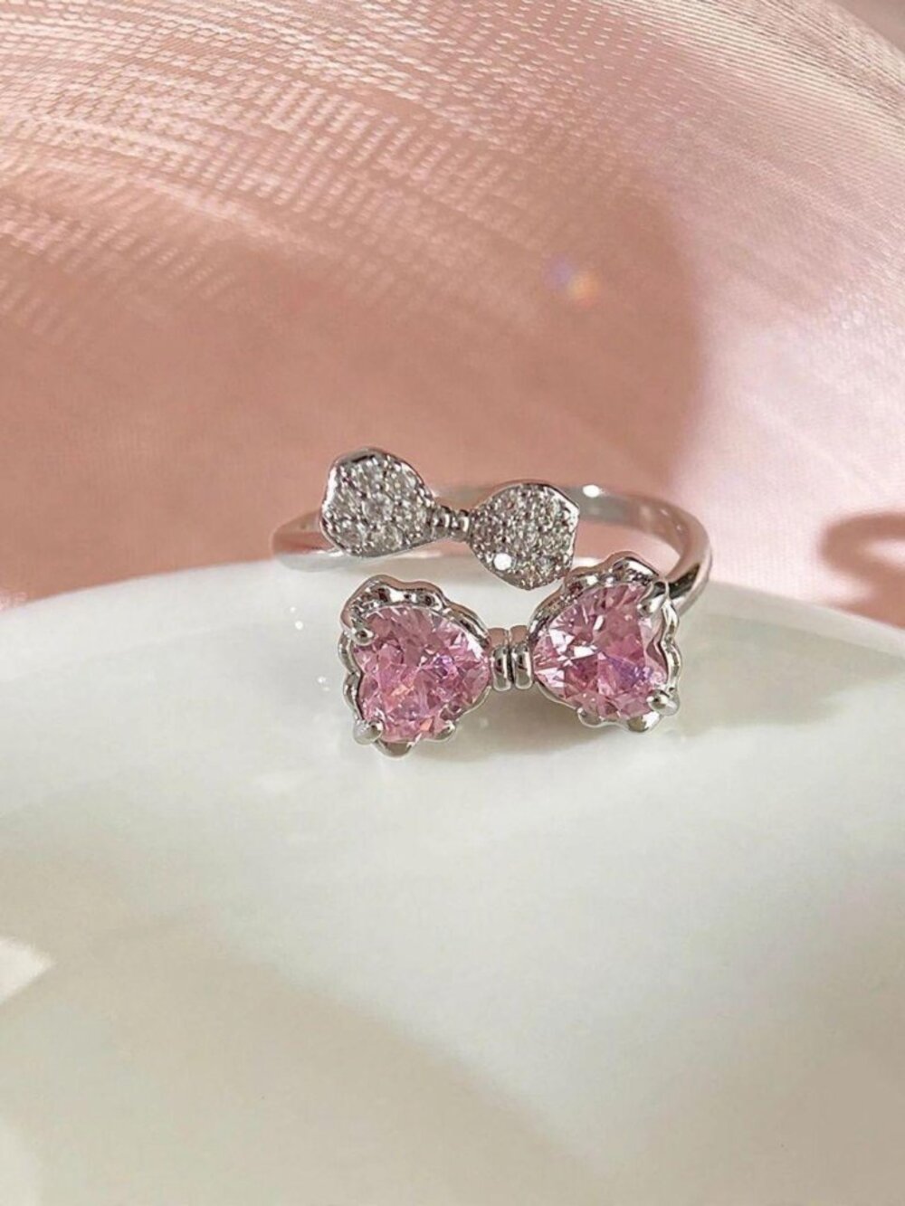 Pink Bow Crystal Ring Double Bow Heart Rhinestone Adjustable Coquette